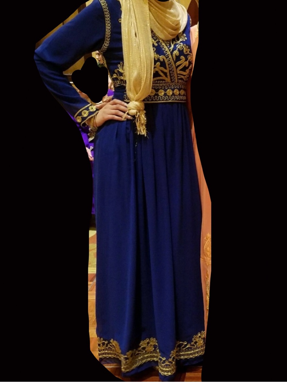Elegant Blue Maxi Dress with Gold Embroidery